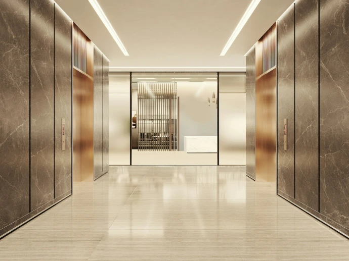 Modern elevator lobby with marble and glass accents